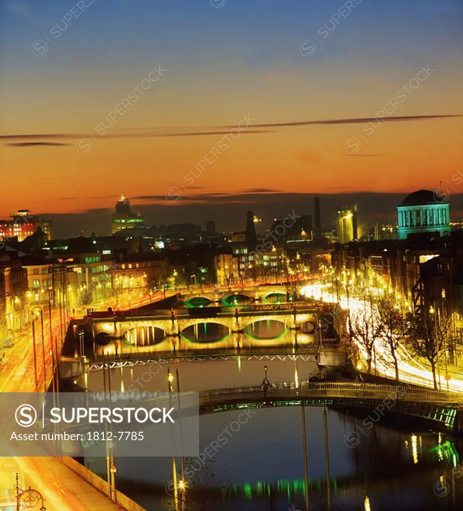 Dublin,Co Dublin,Ireland,View of the River Liffey at nighttime