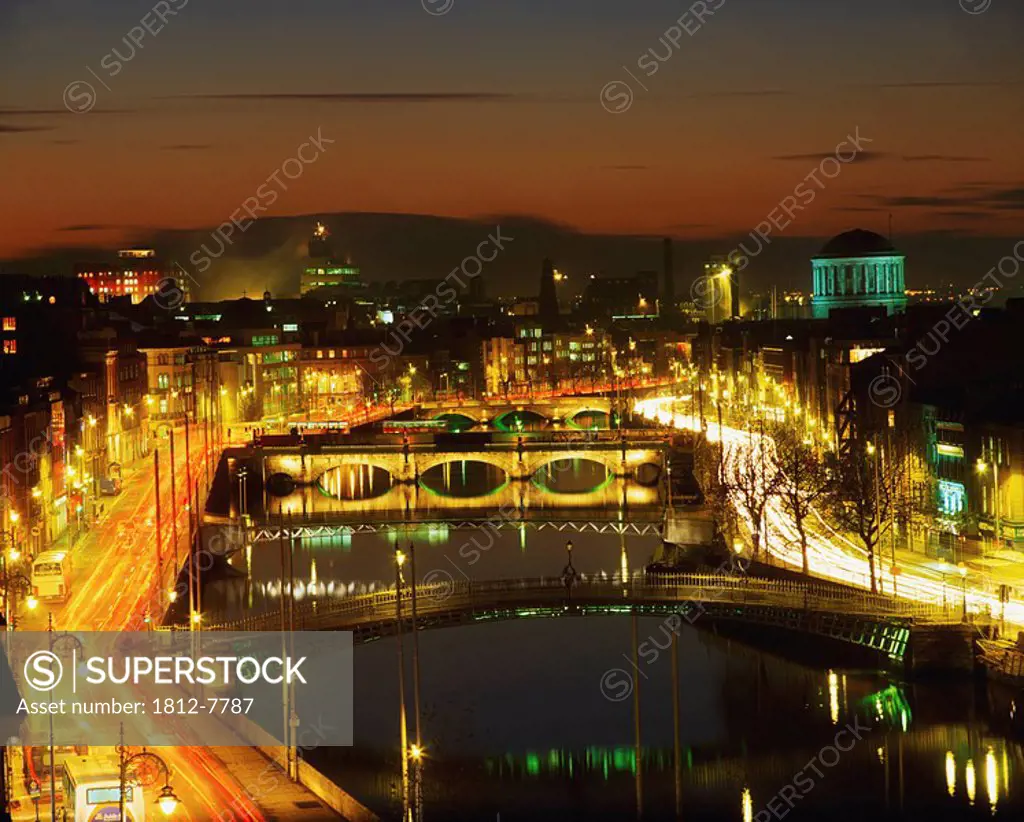 Dublin, Co Dublin, Ireland, View of the River Liffey at nighttime