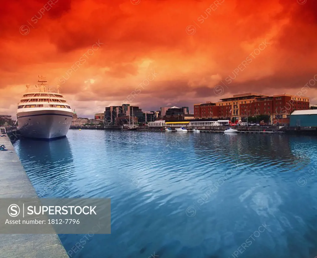 Dublin, Co Dublin, Ireland, Red sky and blue water in Sir John Rogerson´s Quay
