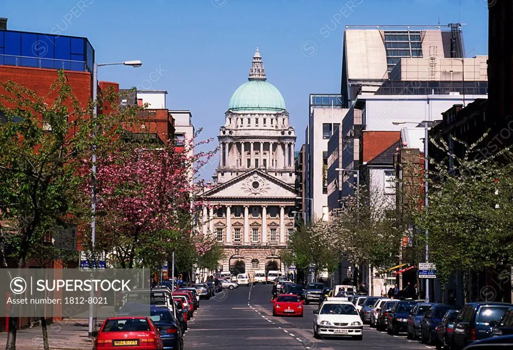 Linenhall Street, Belfast, Co Antrim, Ireland, Belfast city center with city hall in the distance