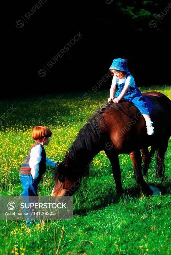 Ireland, Children petting and riding a horse