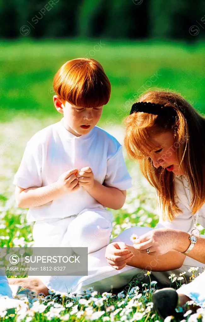 Mother making daisy chains with her son