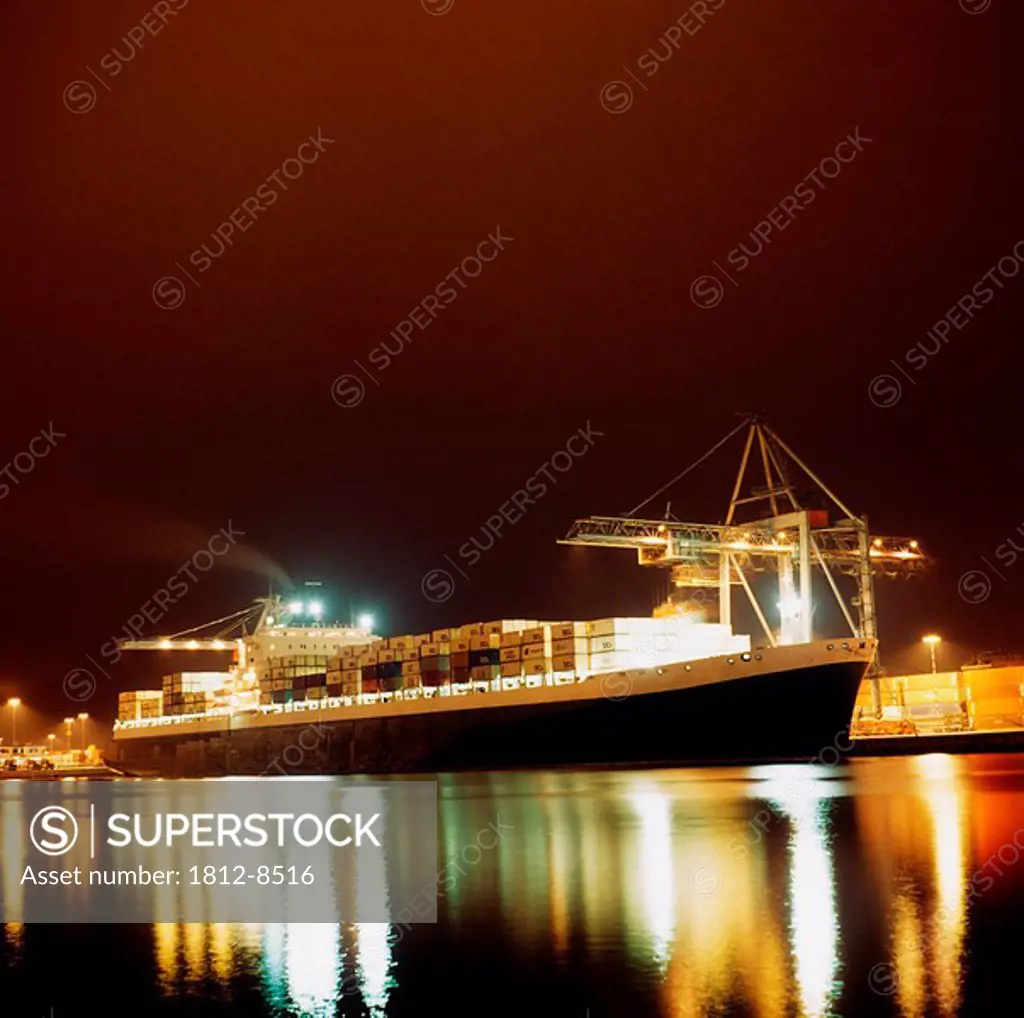 Container Ship, Ship illuminated at night