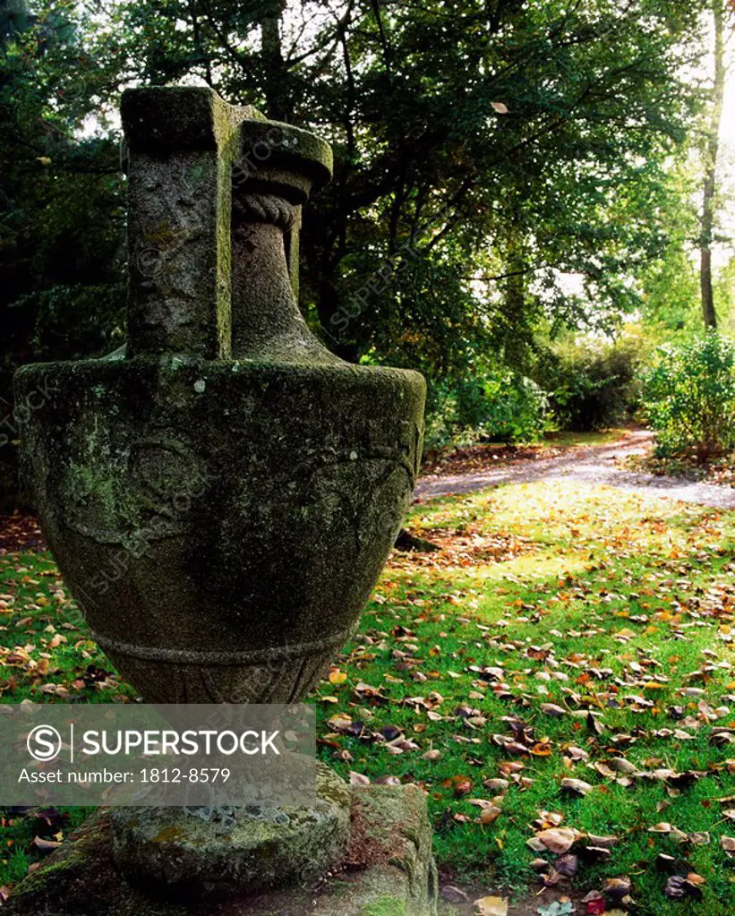 Coolcarrigan, Co Kildare, Ireland, Garden urn in Arboretum during Autumn