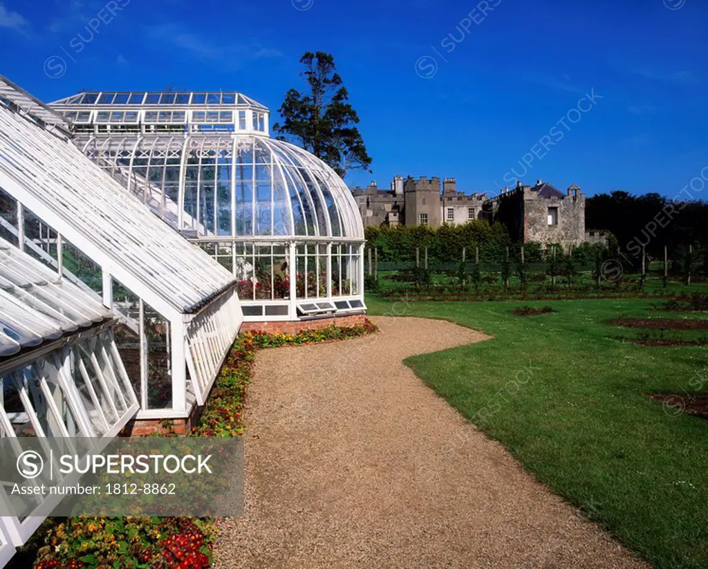 Ardgillan Castle, Ardgillan Demesne, Balbriggan, Co Dublin, Ireland, Victorian conservatory and country house during Summer