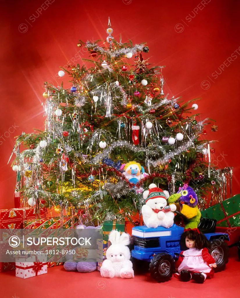Christmas decorations, Christmas tree with decorations and presents