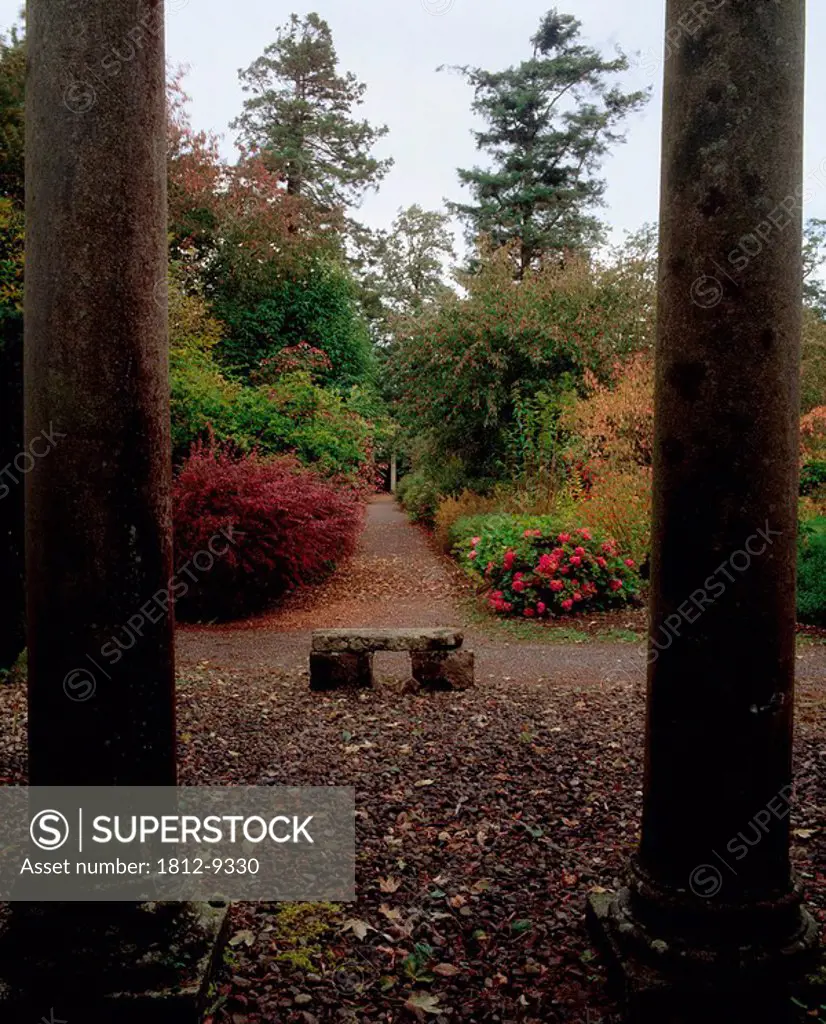 Coolcarrigan, Co Kildare, Ireland, Doric Columns and stone seat during Autumn