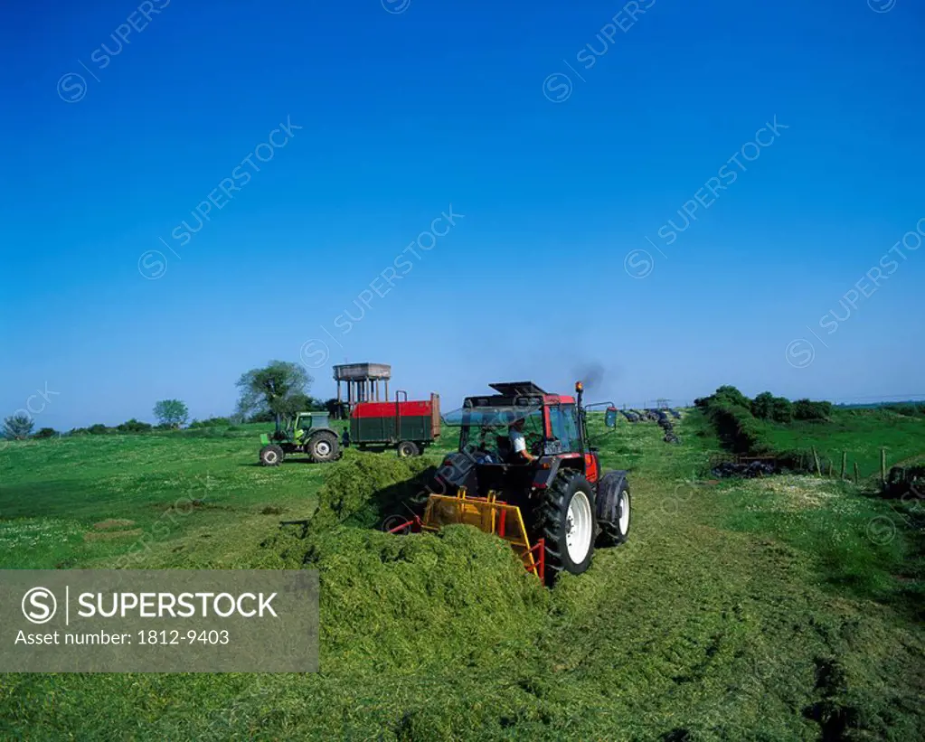 Farmers using tractors to make silage, Farming