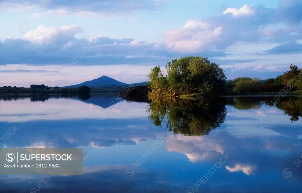 Vartry Reservoir, Roundwood, Co Wicklow, Landscape reflected in the water of a reservoir