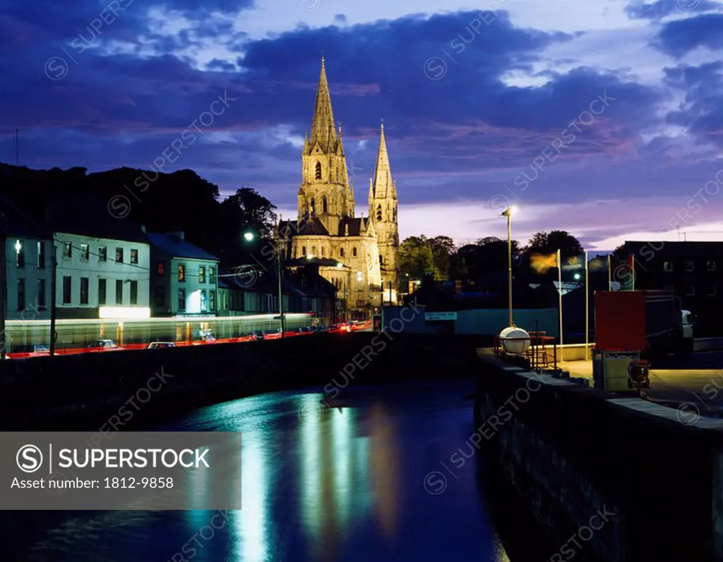 Saint Finbarre´s Cathedral, Cork City, County Cork, Ireland, Historic cathedral illuminated at night