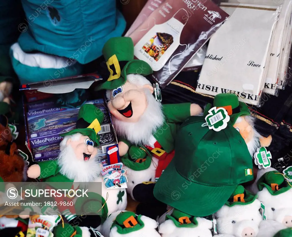 Ireland, Irish souvenirs, including leprechaun dolls, in shop window