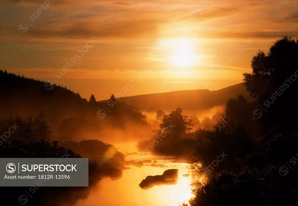 Co Wicklow, morning mist on river, Glendalough, Ireland