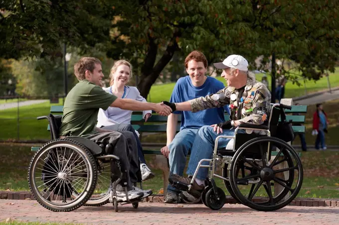 Veterans joining friends and shaking hands in the park