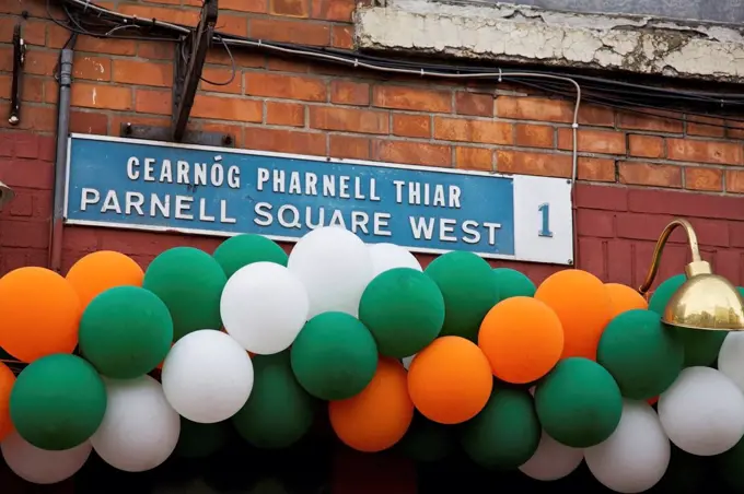 Dublin, Ireland; Balloons Decorating The Sign At Parnell Square West