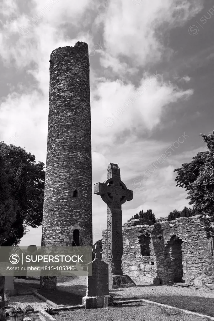 Ireland, Leinster, County Louth, View of Round tower and Monasterboice