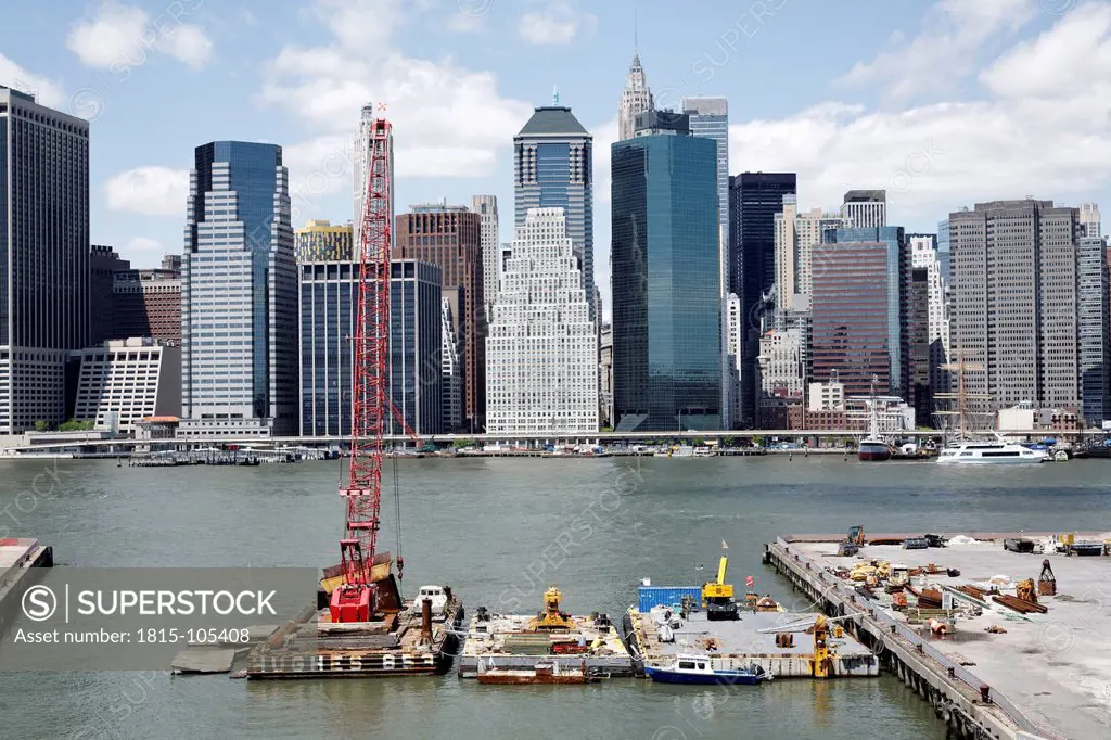 USA, New York City, View of harbour with city