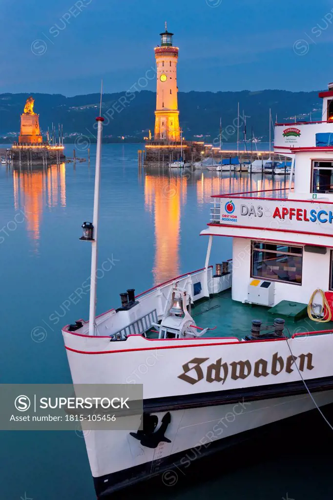 Germany, Lindau, View of port entrance with ship moored at harbour