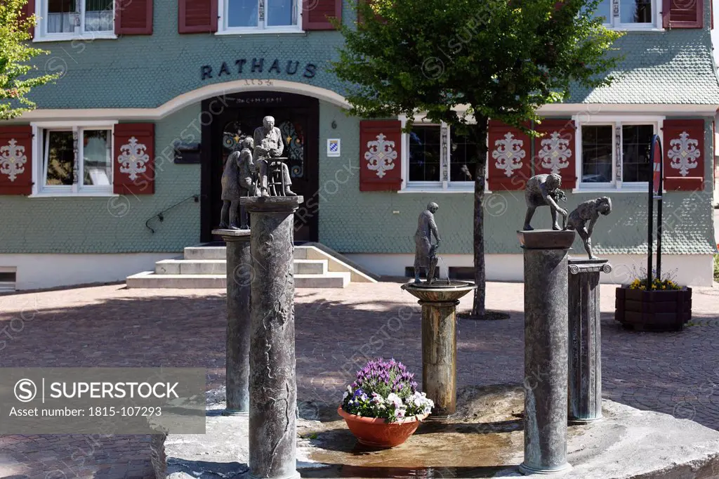 Germany, Bavaria, Swabia, Allgaeu, Westallgaeu, Scheidegg, View of Kneipp fountain in front of city hall