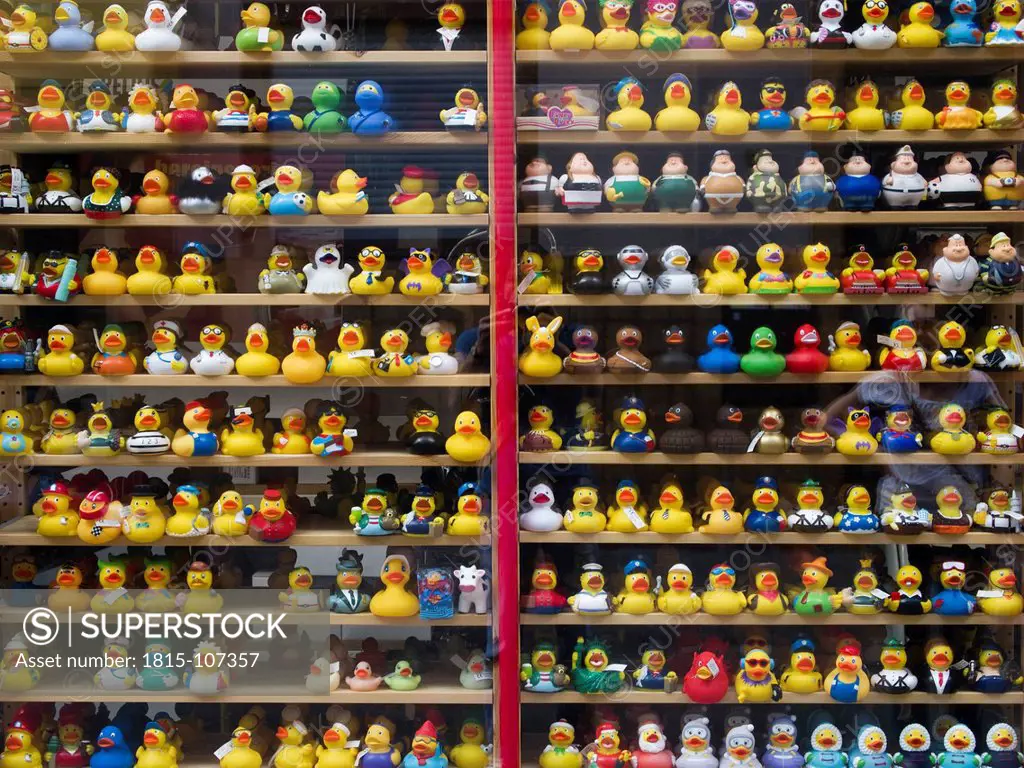 Germany, Hessen, Frankfurt, Variety of rubber duck toys on window display