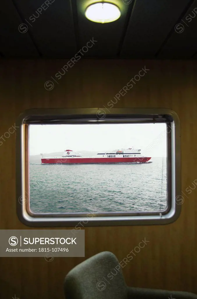 Greece, Ionian Islands, Ithaca, View of ferry boat from ship window