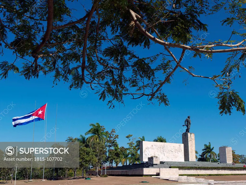 Cuba, Santa Clara, View of Memorial del Ernesto Che Guevara with Cuban flag
