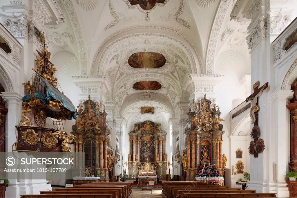 Germany, Bavaria, Swabia, Allgaeu, Ostallgaeu, Irsee, View of ship shaped pulpit inside abbey church