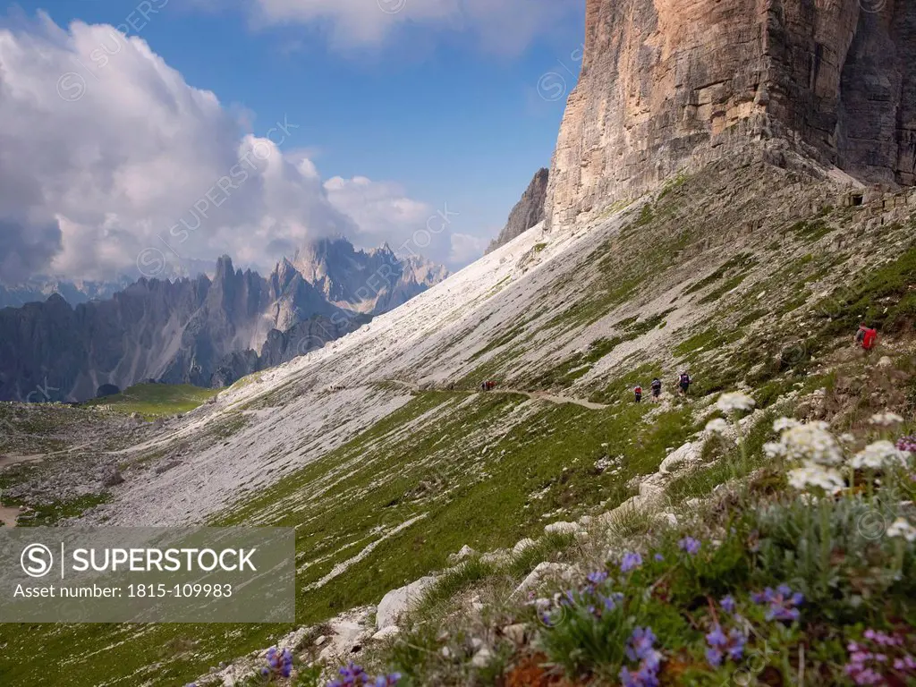 Europe, Italy, Hikers on National Park of Sesto Dolomites