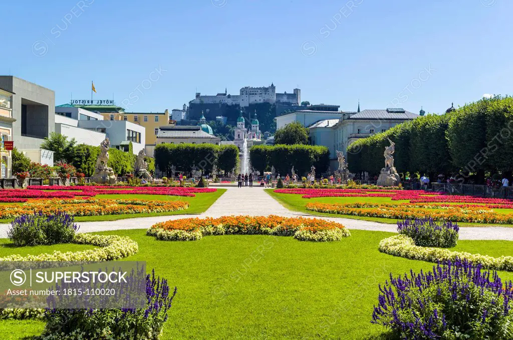 Austria, Salzburg, View of Mirabell Gardens, Hohensalzburg Fortress in background