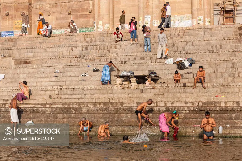 India, Uttar Pradesh, Banaras, People bathing at River Ganges