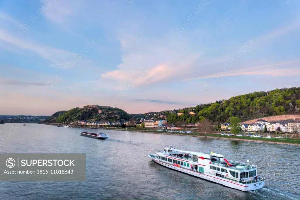 Germany, Koblenz, Rhine river near Ehrenbreitstein fortress
