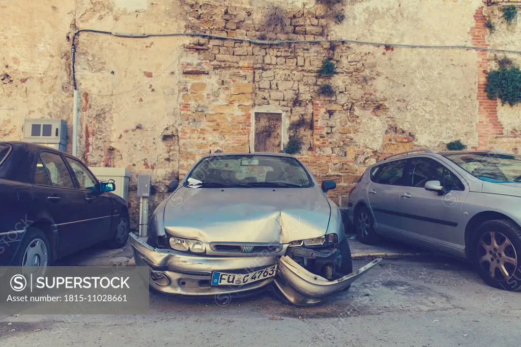 Italy, Sicily, Palermo, Destroyed car with German license plate