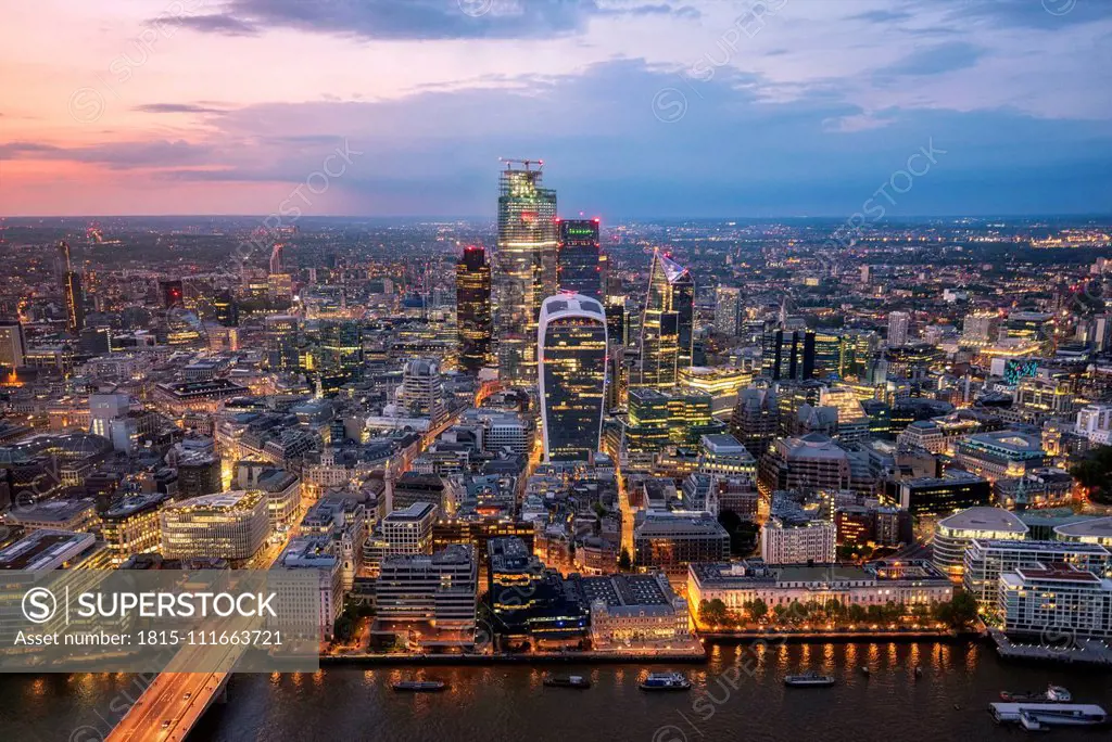Aerial view of City of London at sunset, United Kingdom