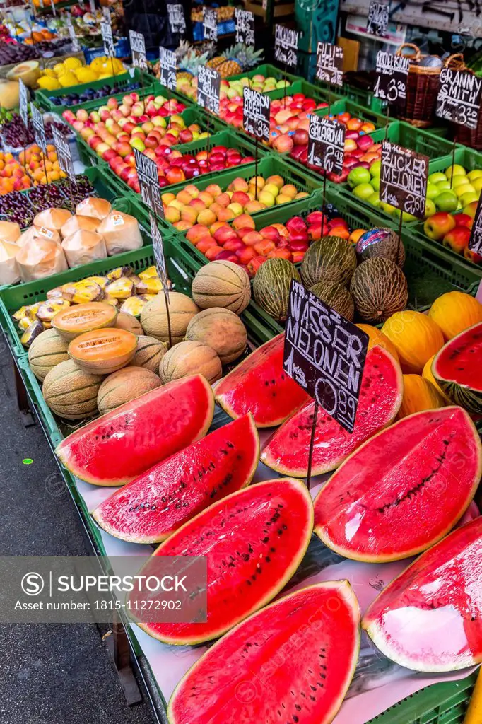 Austria, Vienna, assortement of a fruit stall at Naschmarkt