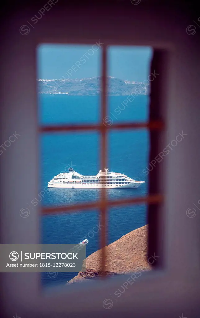 Greece, Cyclades, Santorini, Oia, view through window at cruise liner