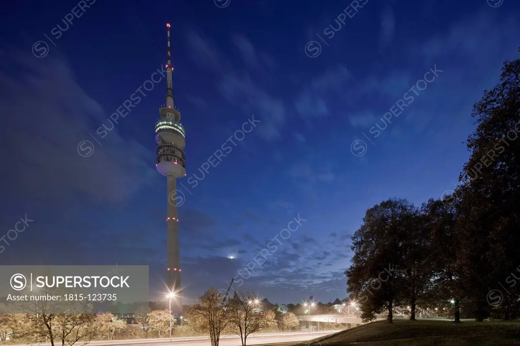 Germany, Munich, View of olympic tower at night