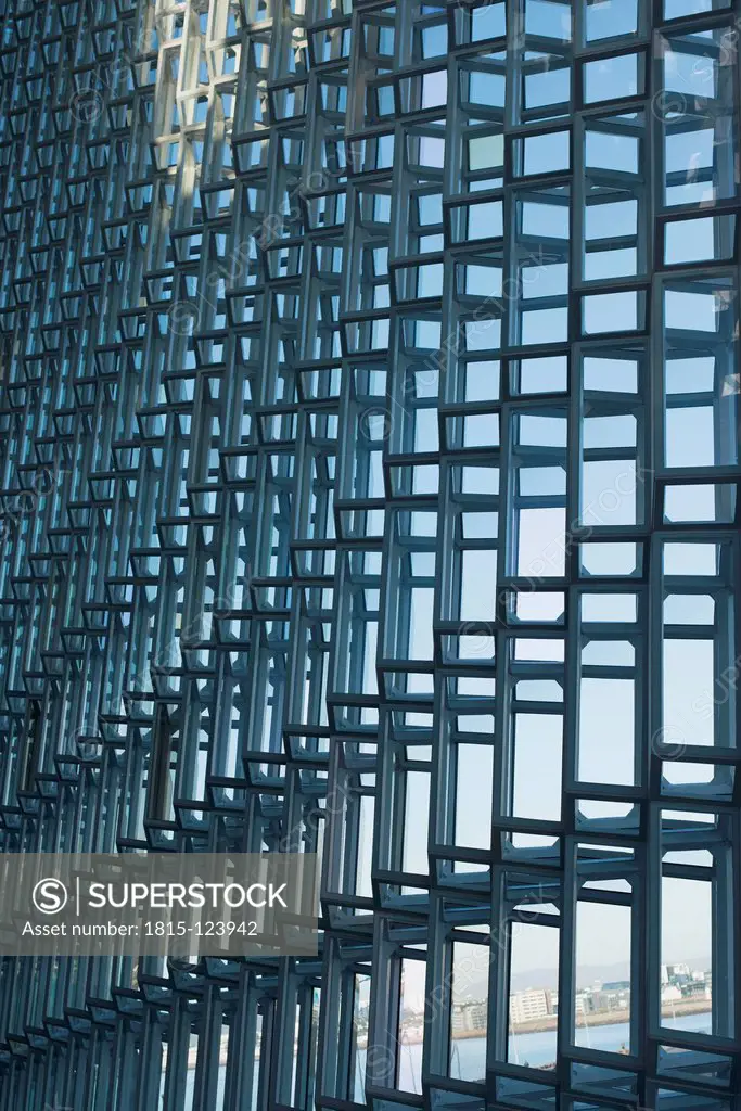 Iceland, Reykjavik, View of glass pane pattern at Harpa concert hall