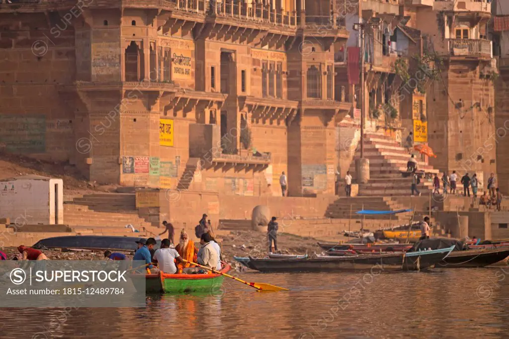 India, Uttar Pradesh, Varanasi, Ghats, boats and Ganges river