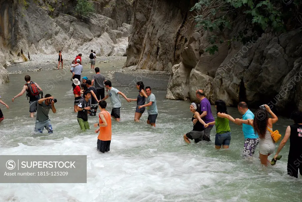 Turkey, Fethiye, Tourist making line in Esen Cayi River gorge at Saklikent Canyon Nature Park