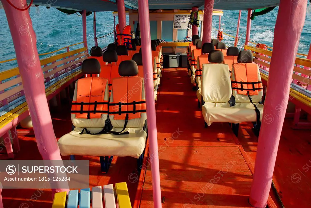 Thailand, Chairs in excursion boat near Koh Chang Island at Mu Ko Chang National Park