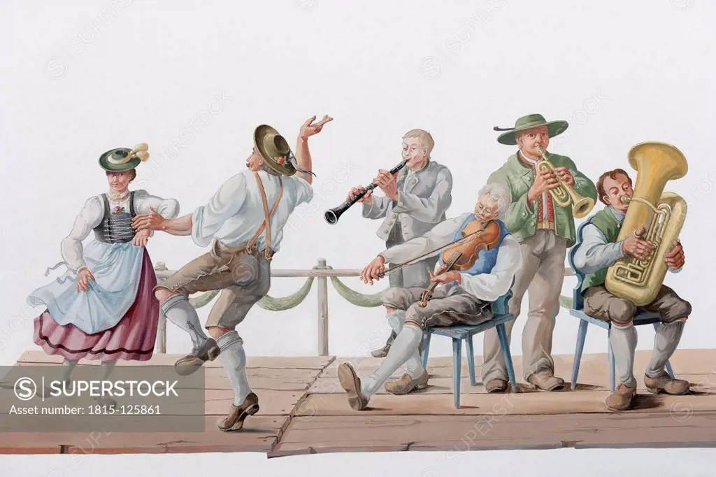 Germany, Bavaria, Wall painting of traditional dancers on Schlierseer Bauerntheater