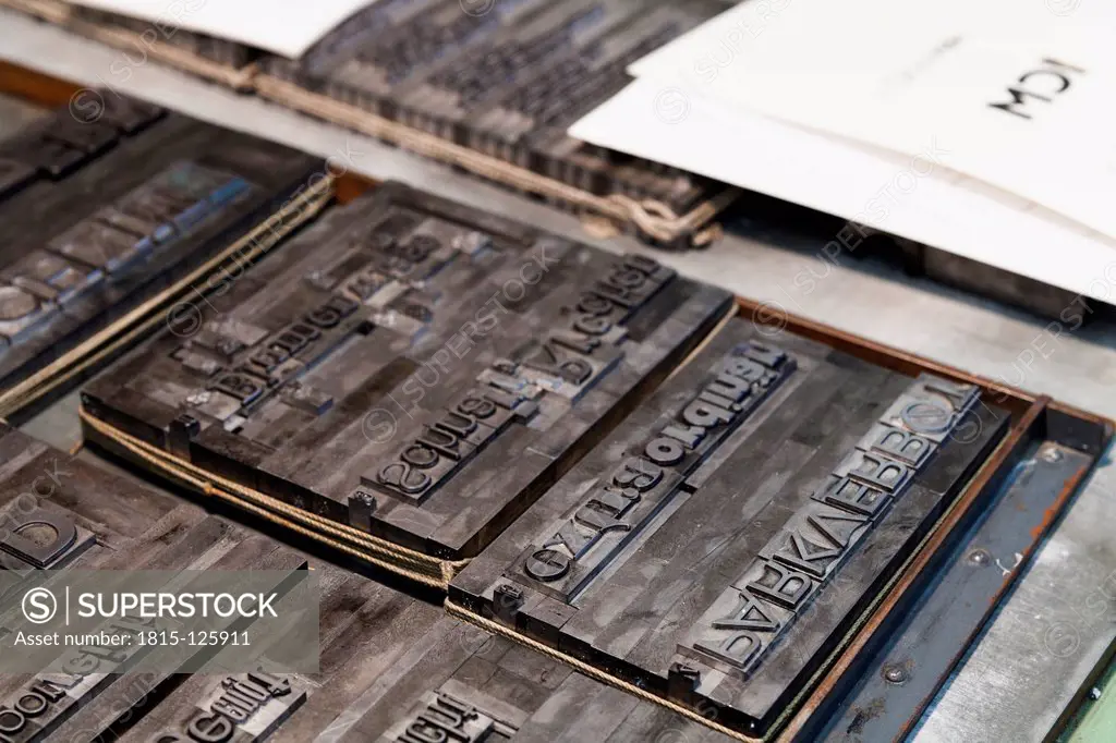 Germany, Bavaria, Detail of lead typesetting at traditional print shop