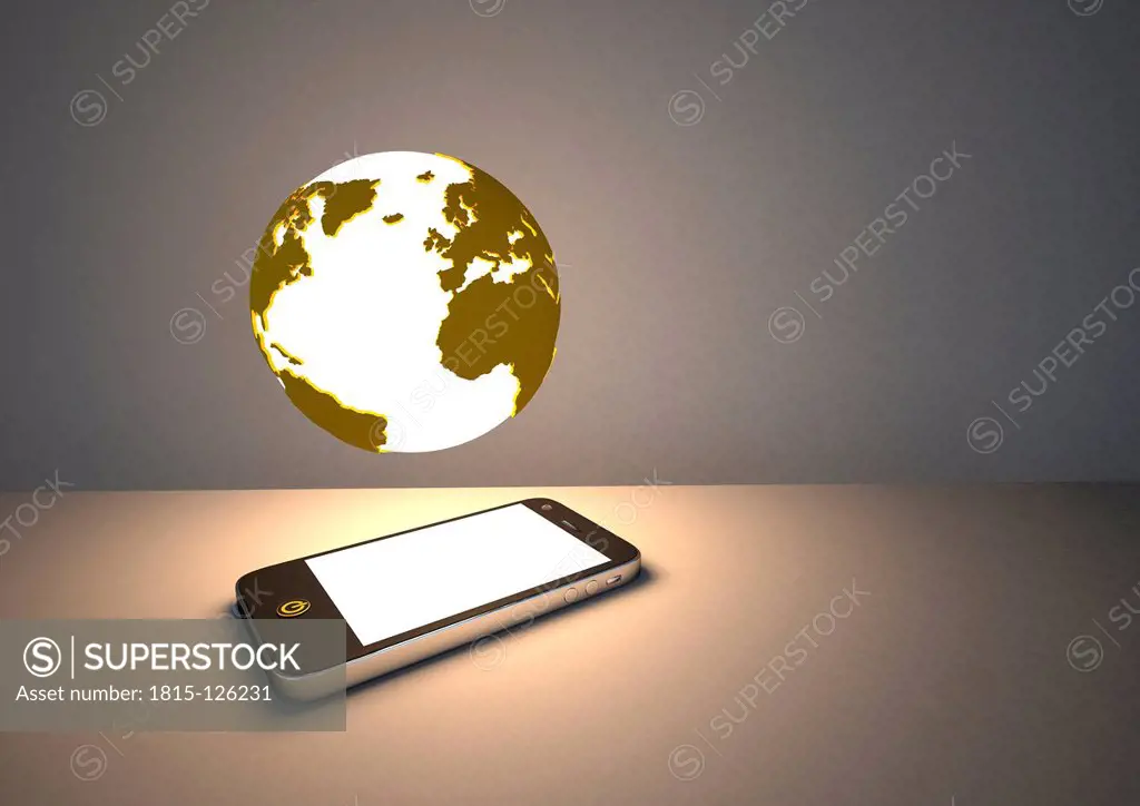 Illustration of glowing globe hovering on smart phone, close up