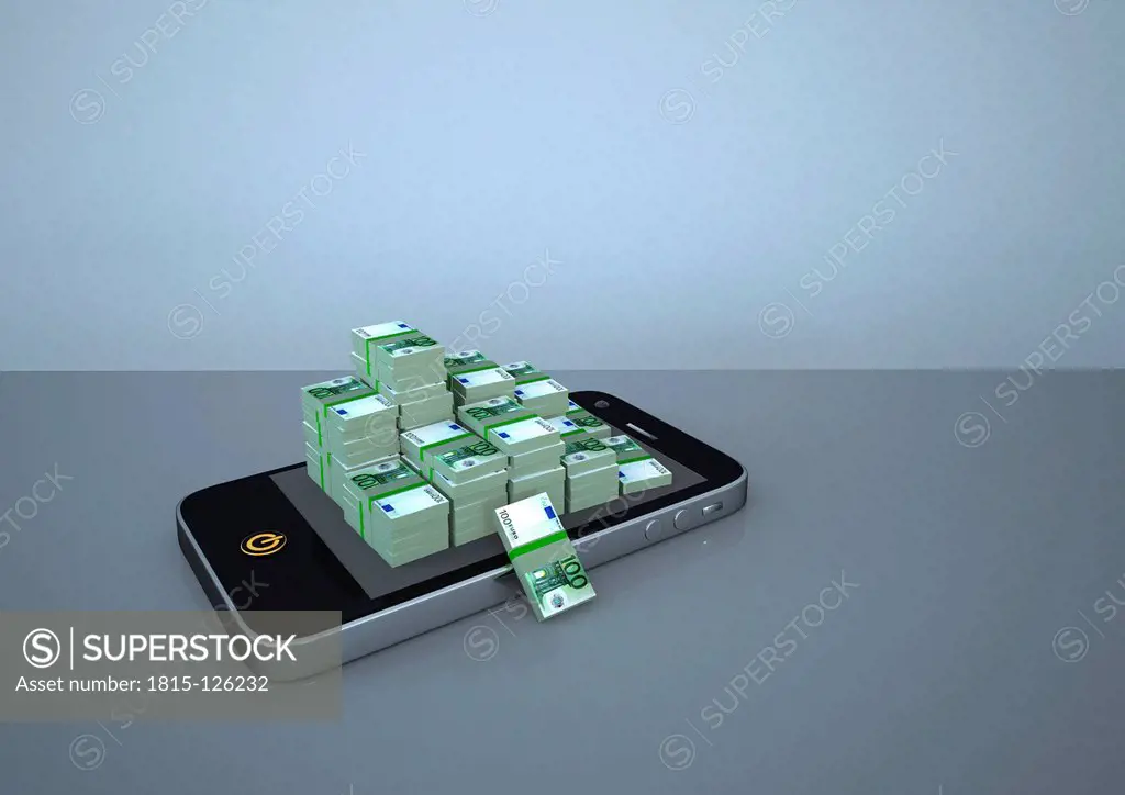 Illustration of smart phone with stack of Euro banknotes, close up
