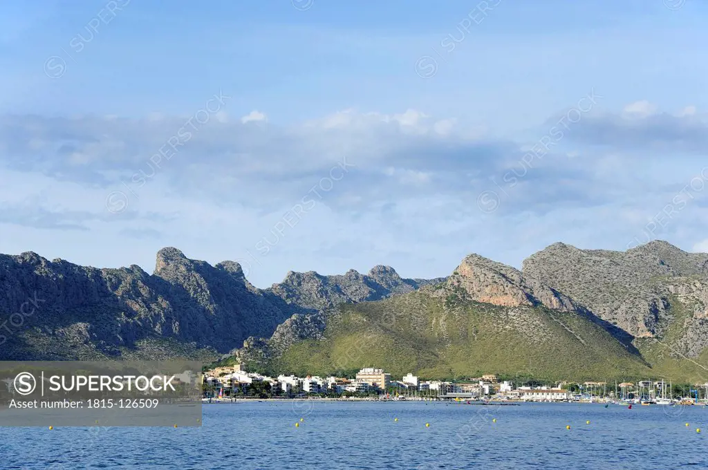 Spain, View of bay and mountains at Port de Pollenca