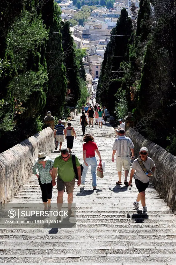 Spain, People climbing steps of Calvary Mountain