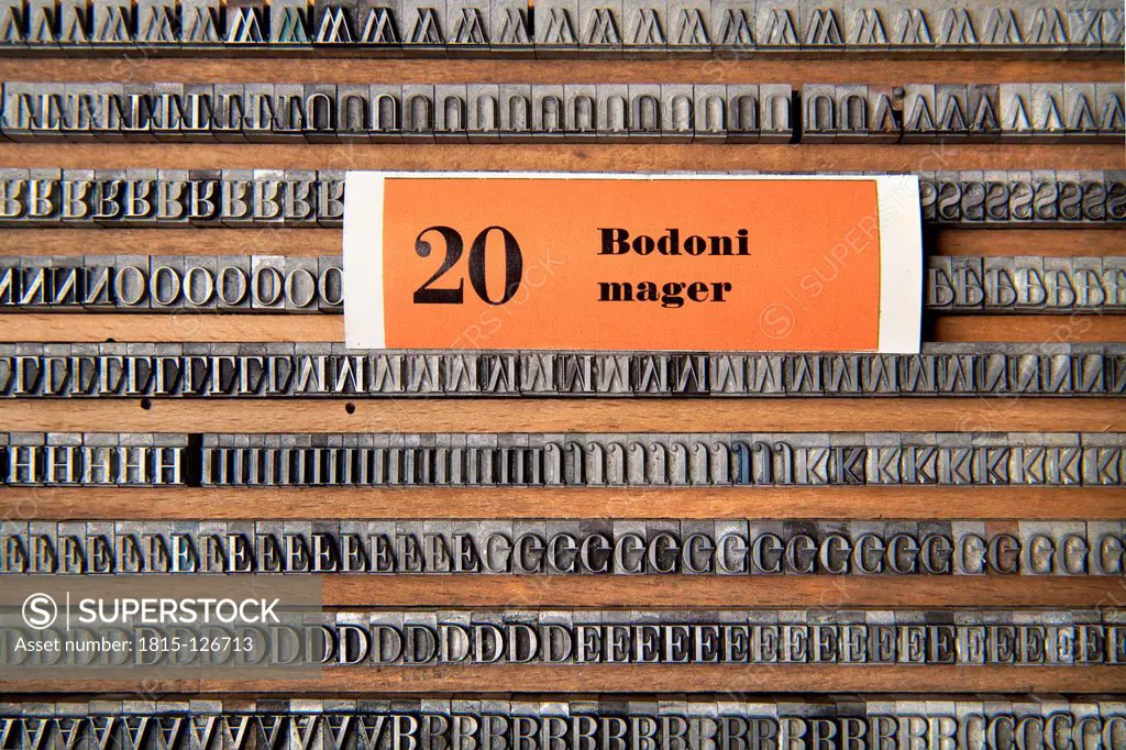 Germany, Bavaria, Drawers of alphabets in typesetting shop