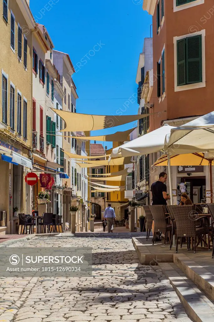 Spain, Balearic Islands, Menorca, Mao, Old town, alley and pavement cafes