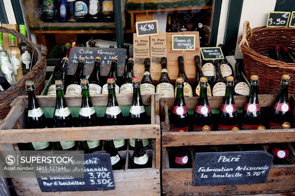 France, Cider bottles in shop