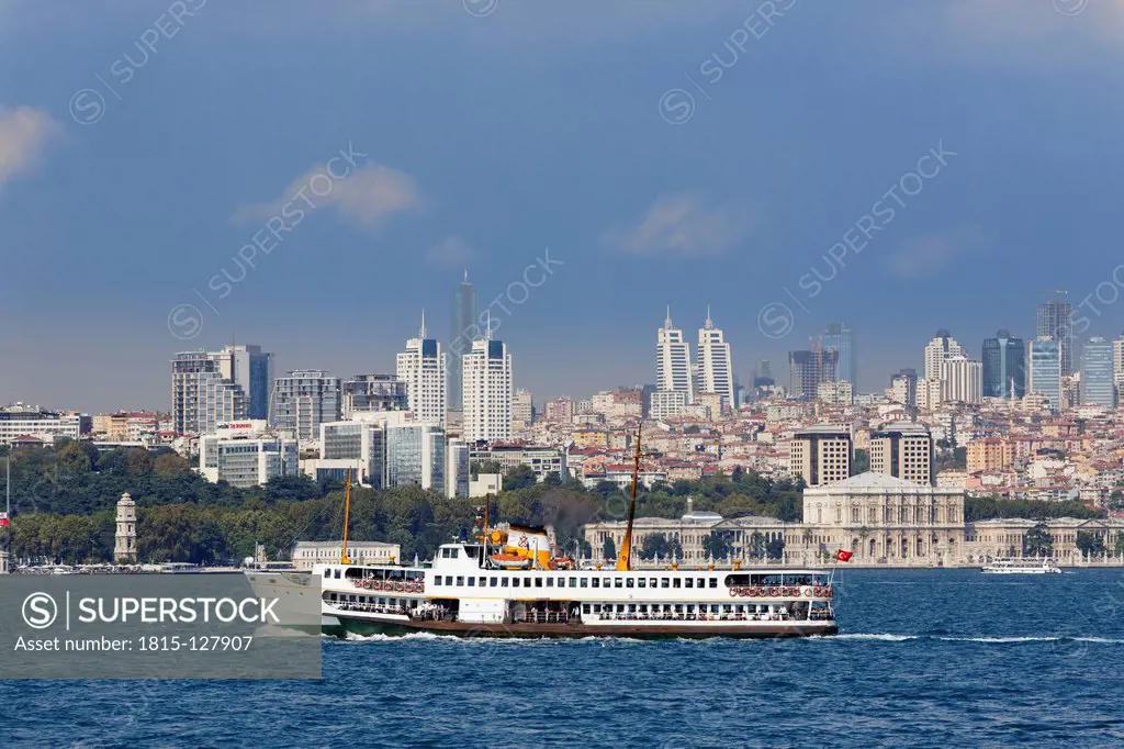 Turkey, Istanbul, View of Dolmabahce Palace and high rises in Sisli