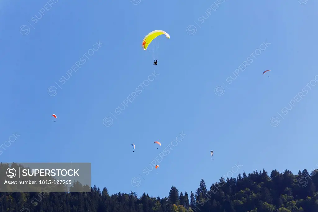 Austria, Vorarlberg, Paraglider flying over Bregenz Forest
